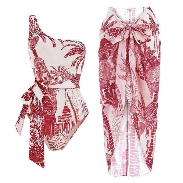 Multicolor Tropical One Shoulder One Piece Swimsuit With Sarong