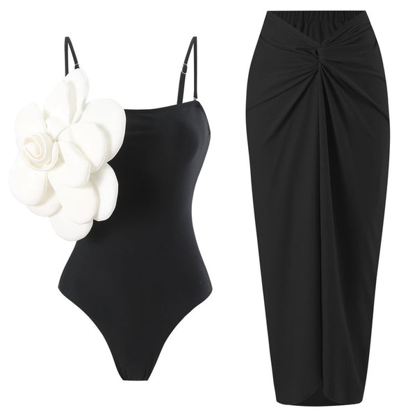 Solid Shoulder Strap Flower Décor One Piece Swimsuit with Skirt Black