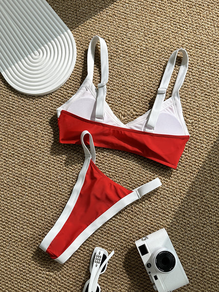 Red Colorblock High Cut Bikini Set