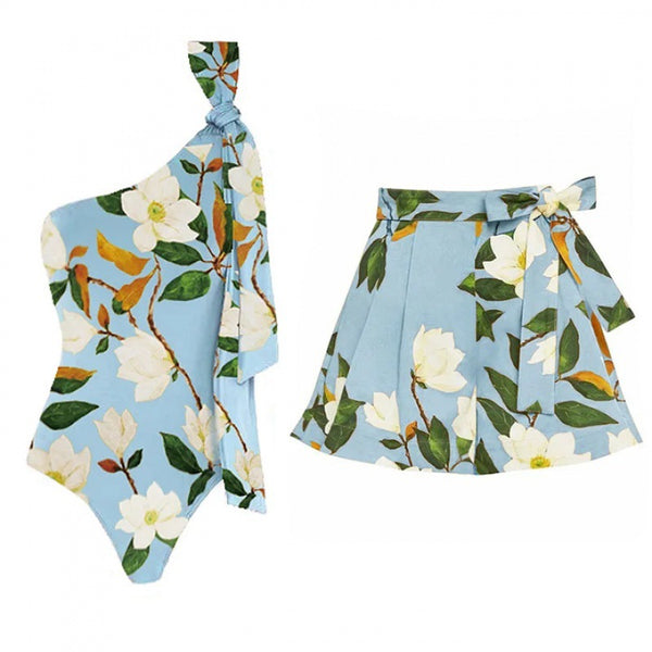 Sky Blue Floral One Shoulder One Piece Swimsuit With Beach Skirt