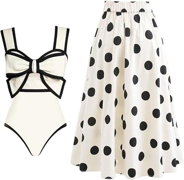 White Polka Dots One Piece Swimsuit With Beach Skirt