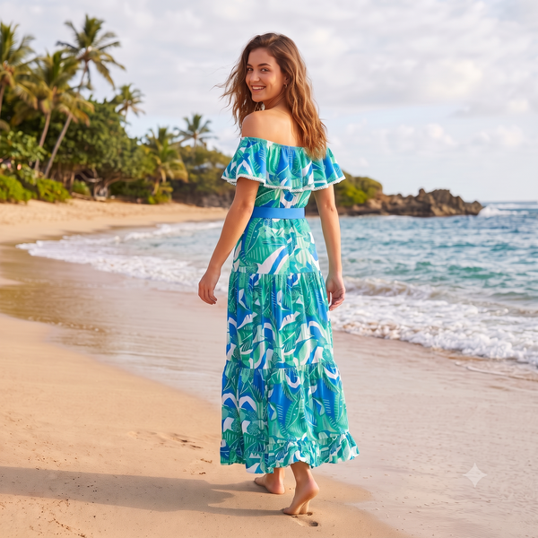 Multicolor Tropical Off Shoulder One Piece Swimsuit With Beach Skirt
