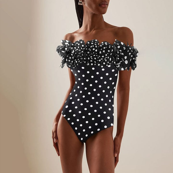 Black Polka Dots Off Shoulder One Piece Swimsuit With Maxi Cover Up