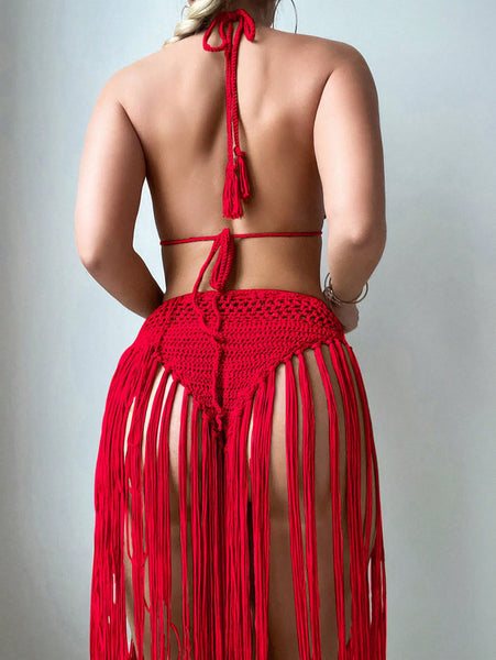 Red Solid Crochet Tassel Halter Top With High Waisted Skirt
