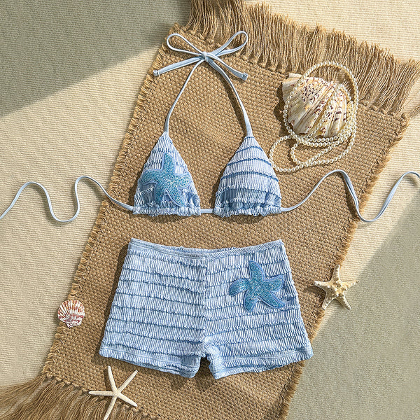 Blue Solid Boyshort Bikini Set