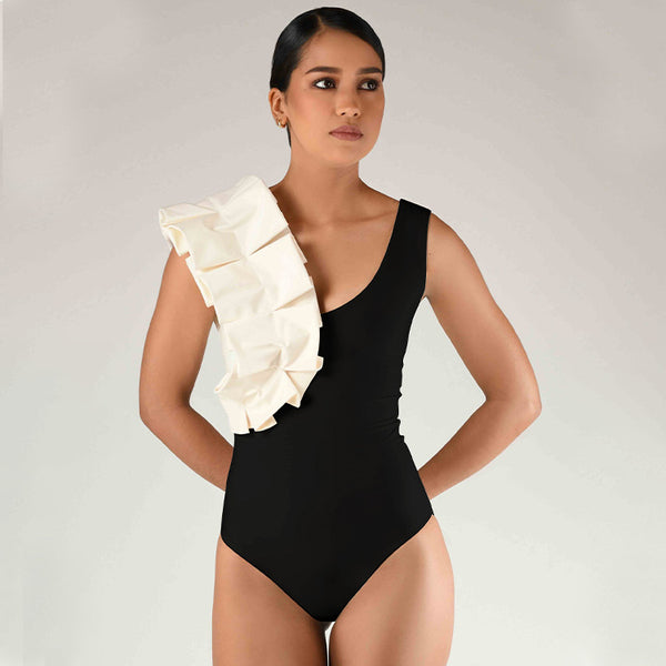 Black Polka Dots Ruffle One Piece Swimsuit With Beach Skirt