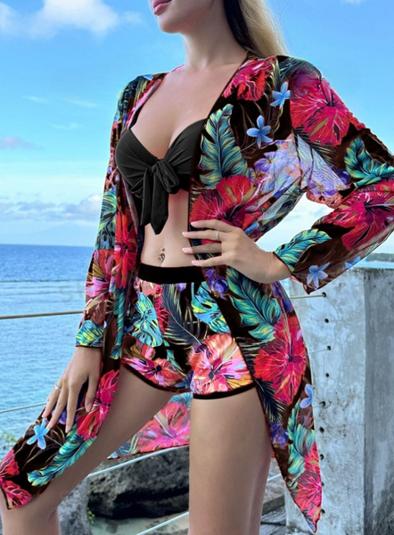 Tropical Print Underwire Bikini Swimsuit With Kimono Black