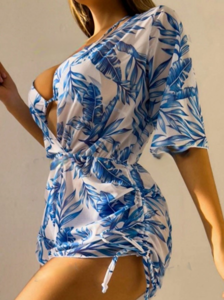 Leaf-print Waist Lace-up Three-Piece Bikini Set Long-sleeved Swimsuit Blue