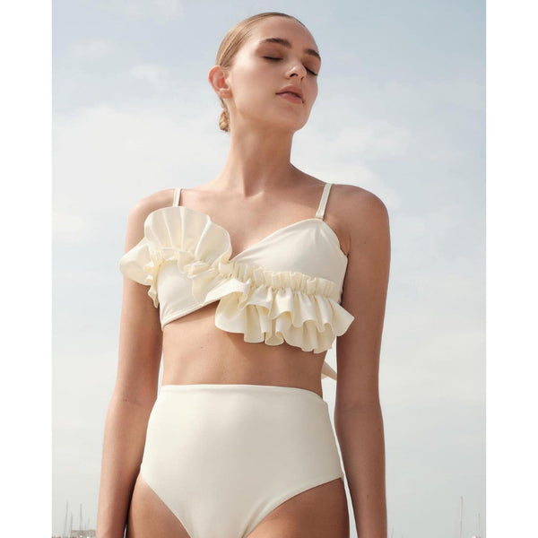 Solid Ruffle Shoulder Straps Two Piece High Waist Swimsuit White