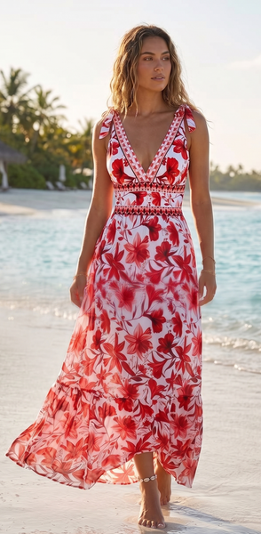 Red Floral One Piece Swimsuit With Maxi Cover Up