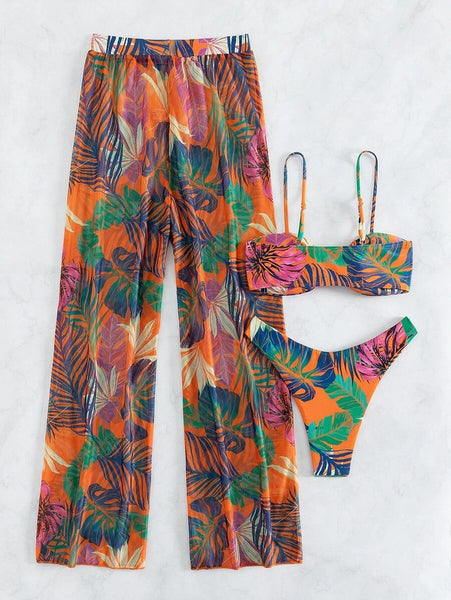 Tropical print bikini swimsuit with cover up pants Orange