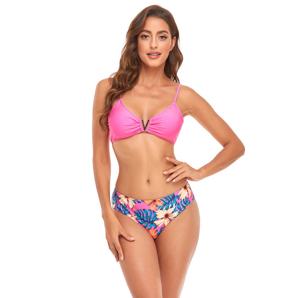 3 Piece Bikini Set Solid Color Bra Underwear Floral Triangular Swimwear Pink