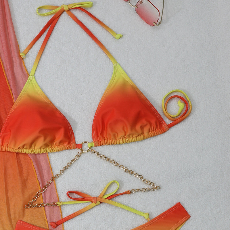 Ombre Halter Top Rash Guard with Detachable Pads and Metal Chain Swimw ...