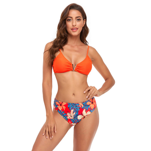 3 Piece Bikini Set Solid Color Bra Underwear Floral Triangular Swimwear Orange