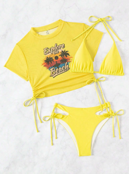 Swim Sunset Print Cami Three Piece Swimsuit Yellow