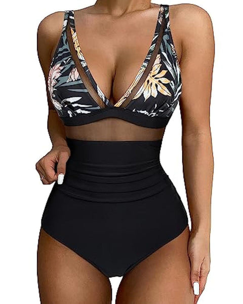 Solid Mesh Contrast V Neck Stretchy Ruched One-piece Swimsuit Multicolor