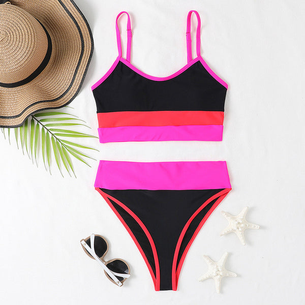 Solid Print High Waist Athletic Tank Style Two Piece Swimsuit Pink