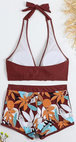 Maroon Tropical Leaf Print Tie Bikini and Boardshorts