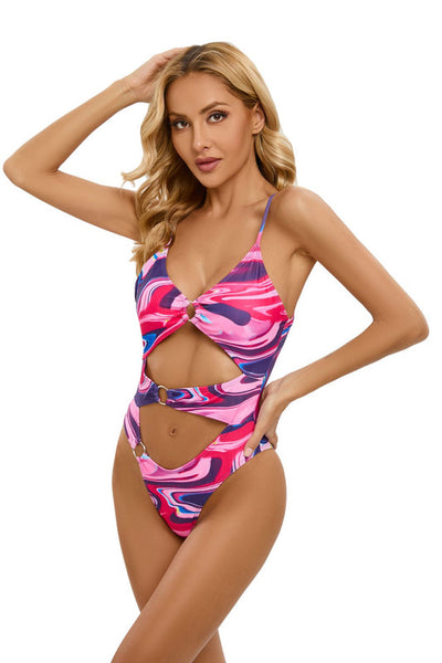 Ring Llink Hollow Out V Neck One Piece Swimsuit Pink