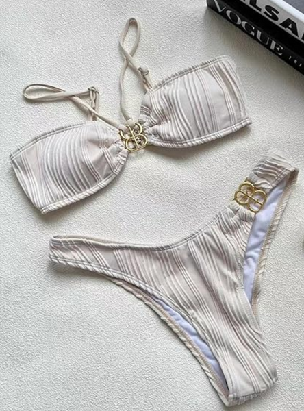 Cream Metallic Detail Textured Two Piece Bikini Swimsuit