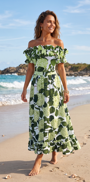 Green Tropical Off Shoulder One Piece Swimsuit With Beach Skirt