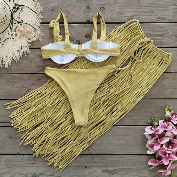 Fringe Bra Top And Skirt Three Piece Swimsuit Light Yellow