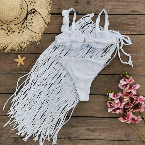 Fringe Bra Top And Skirt Three Piece Swimsuit White