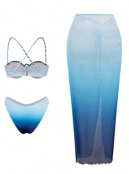 Blue Ombre Underwire Bikini Set With Sarong