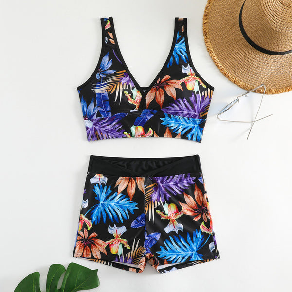 Tropical Plant Print Deep V Neck Two Pieces Set Tankini with Short Bottoms Black