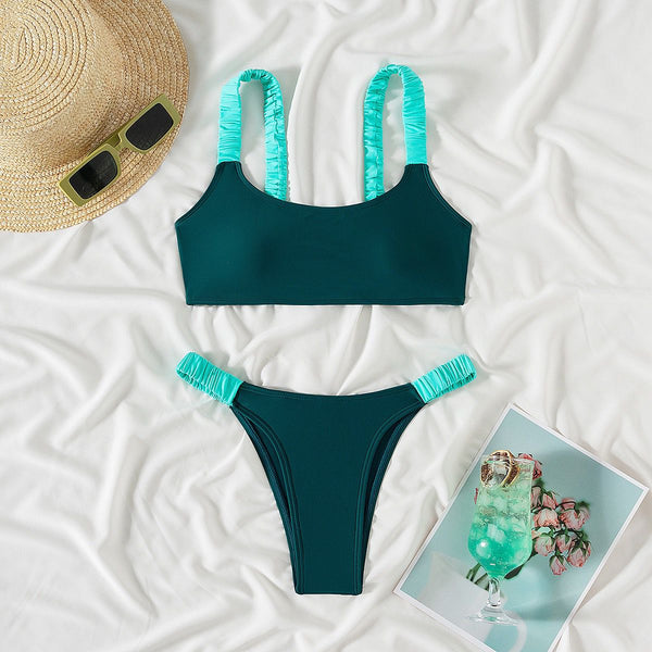 Aqua Blue Colorblock Ruched Bikini Set