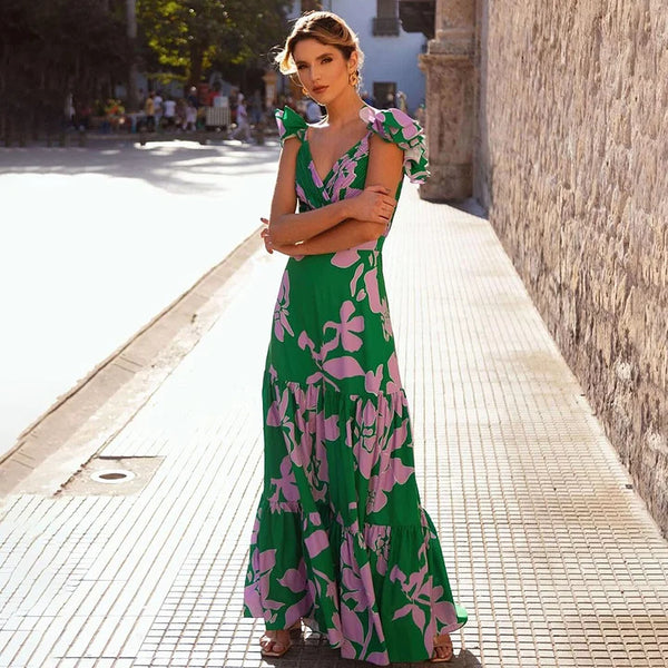 Green Floral Plunge Swimsuit With Maxi Cover Up