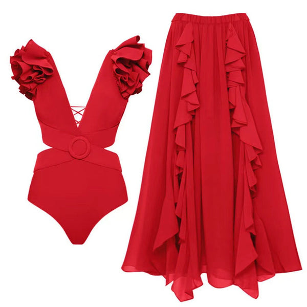 Red Solid Ruffle One Piece Swimsuit With Beach Skirt