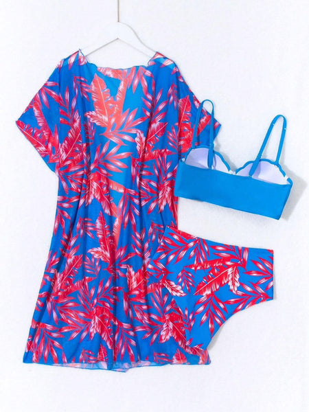 Shell Pattern High Waist Three Piece Swimsuit Blue