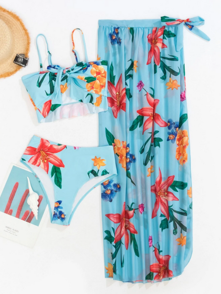 Floral Print 3pack Ruffle Hem Bikini Swimsuit Sky Blue