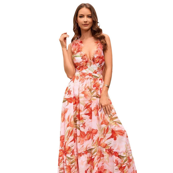 Flower Print Shoulder Straps One Piece Swimsuit With Cover Up Orange