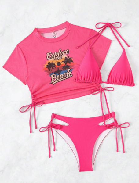 Swim Sunset Print Cami Three Piece Swimsuit Pink