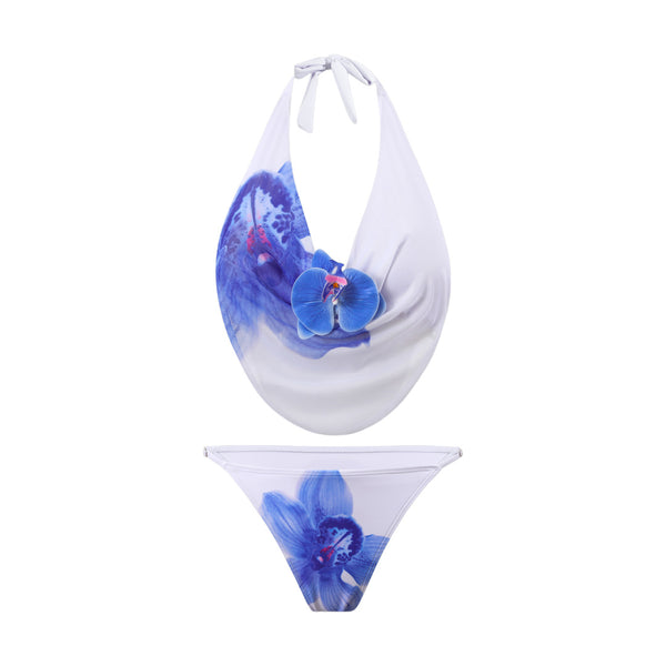 White Floral Halter Bikini Set With Beach Skirt