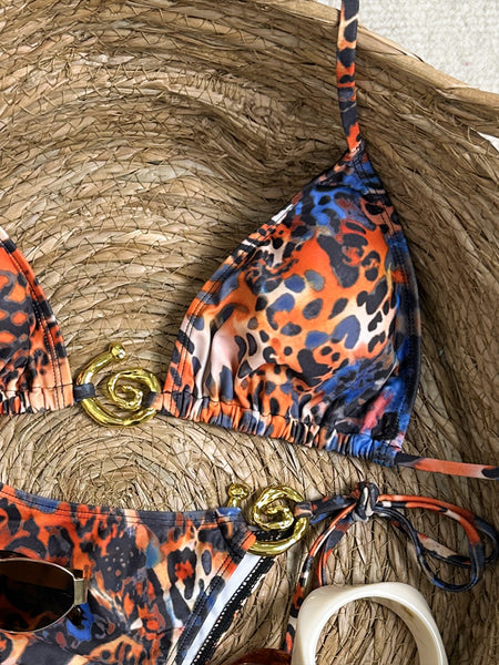 Multicolor Animal Print Halter Bikini Set