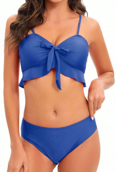 Gradient Colored Bikini Set With Front Knot Detail And Mesh Cover Up Blue