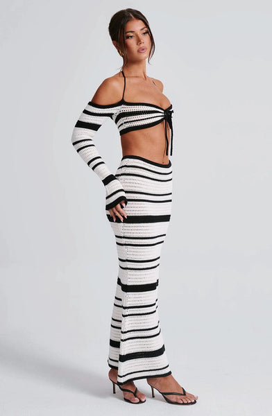 Black Stripes Knitted Top With Skirt
