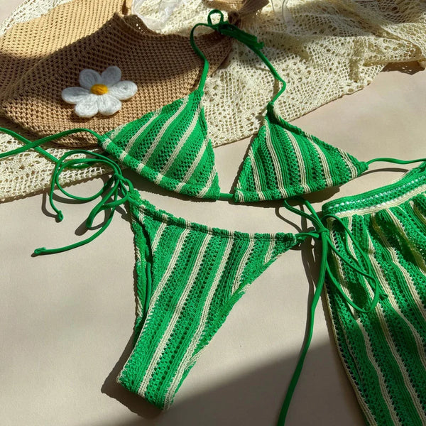 Green Stripes Halter Bikini Set With Beach Shorts