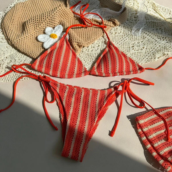 Orange Stripes Halter Bikini Set With Beach Shorts