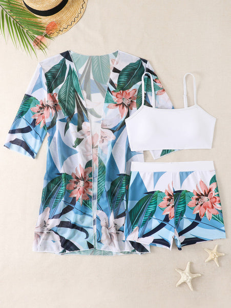 Floral Print Camisole Tank Top with Solid Color Flared Pants and Mid-Length Chiffon Blouse Sky Blue