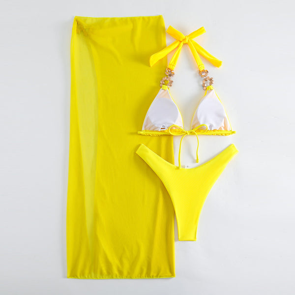Rhinestone Decor Triangle Halter Neck Three Piece Bikini with Sarong Yellow