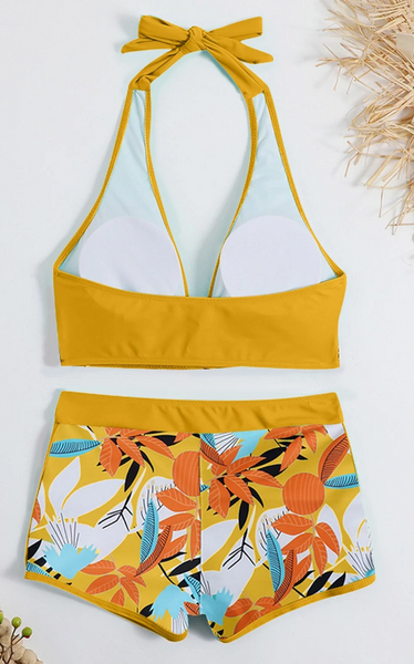 Yellow Tropical Leaf Print Tie Bikini and Boardshorts