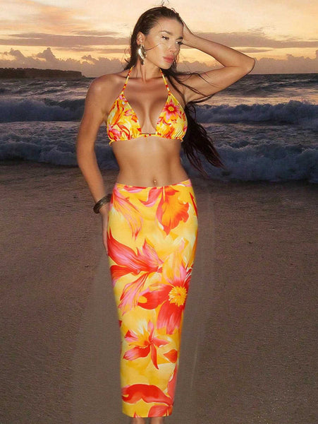 Yellow Floral Triangle Bikini Set With Beach Skirt