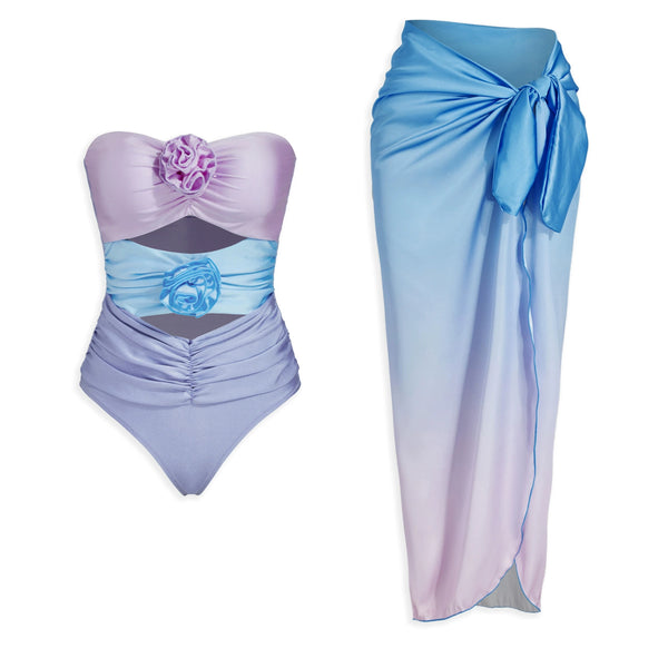 Gradient Flower With Strap Hollow One Piece Swimsuit with Mesh Skirt Two Piece Swimwear Multicolor