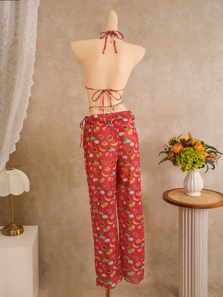 Red Fruit Print Halter Bikini Set With Beach Pants