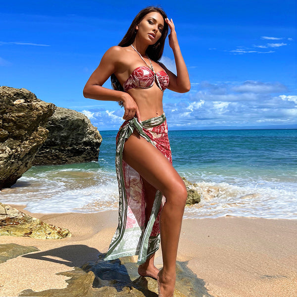 Floral Print Bikini Set Halter Underwire Top & Tie Side Bottom & Beach Skirt 3 Piece Swimsuit Multicolor