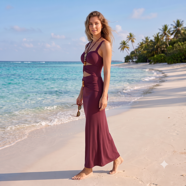Maroon Solid Cut Out One Piece Swimsuit With Beach Skirt